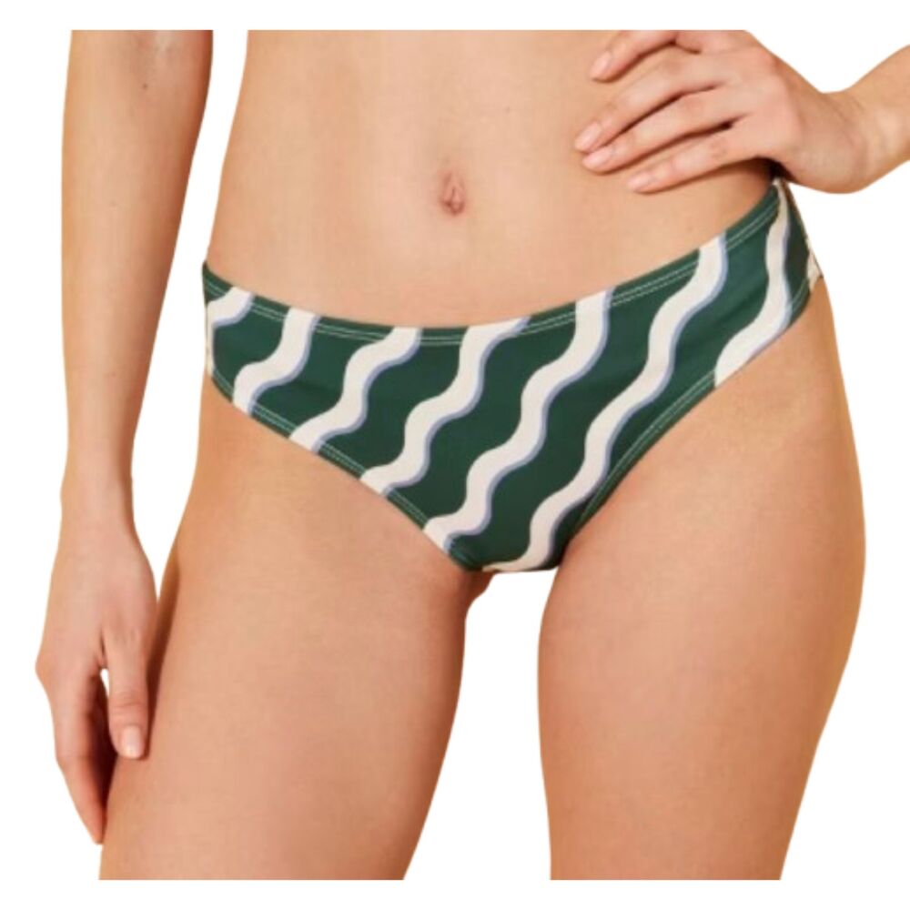 Andie NWT Swim Women's Alegre Low-Rise Green & White Retro Wave Bottoms Size M